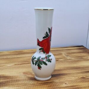 Vintage Lefton Cardinal And Holly‎ with gold trim,Bud Vase 6.5" Tall